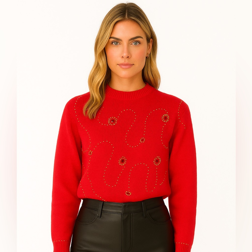 SANTORIA RED SILK GEMS VINTAGE FESTIVE HOLIDAYS CHRISTMAS SWEATER SIZE SMALL